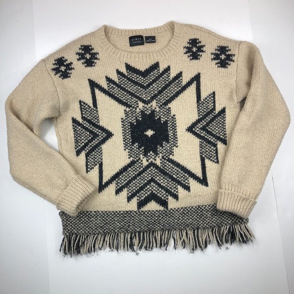 Press Cream & Black Cozy Boho Aztec Wool Blend Crew Neck Fringed Sweater Western - Picture 5 of 13